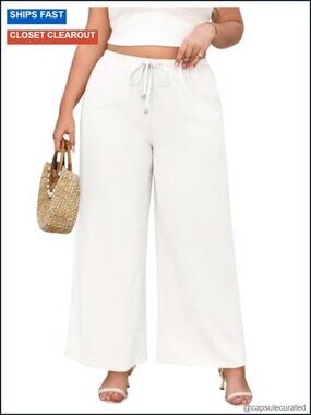 Plus Size Linen Pants Palazzo Flowy Wide Leg Drawstring Casual Trousers Beach